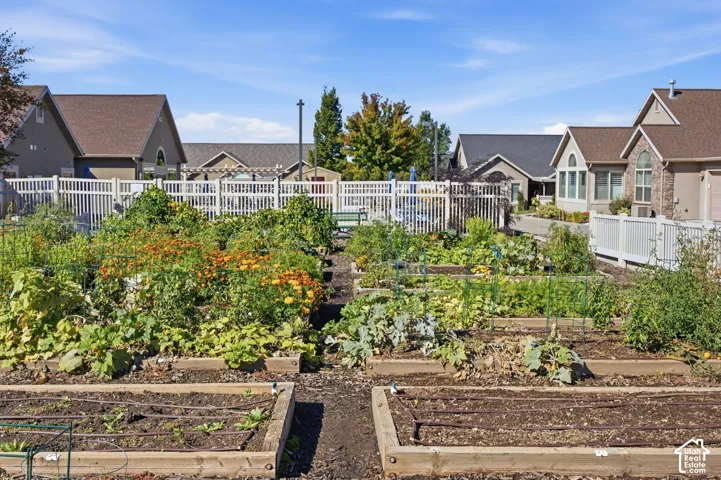 Community garden space with multiple planted beds and a white fence perimeter