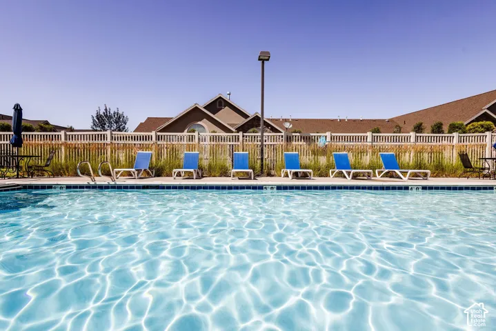 Outdoor swimming pool with a tiled edge and surrounding concrete decking