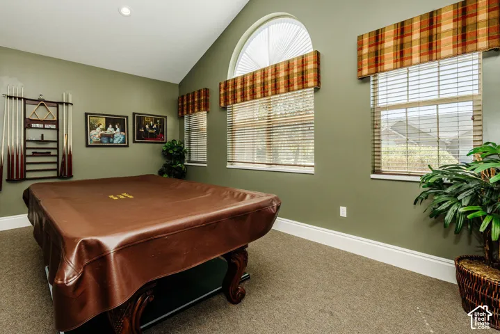Vaulted ceiling, arched window, two additional windows, wall-mounted cue rack, and carpeted flooring