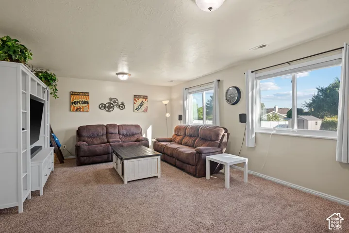 Recessed lighting, broad windows, and carpeted flooring