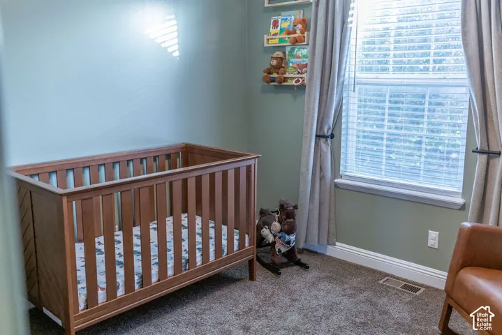 Plush carpeting, a large window with blinds, and neutral wall tones define this space