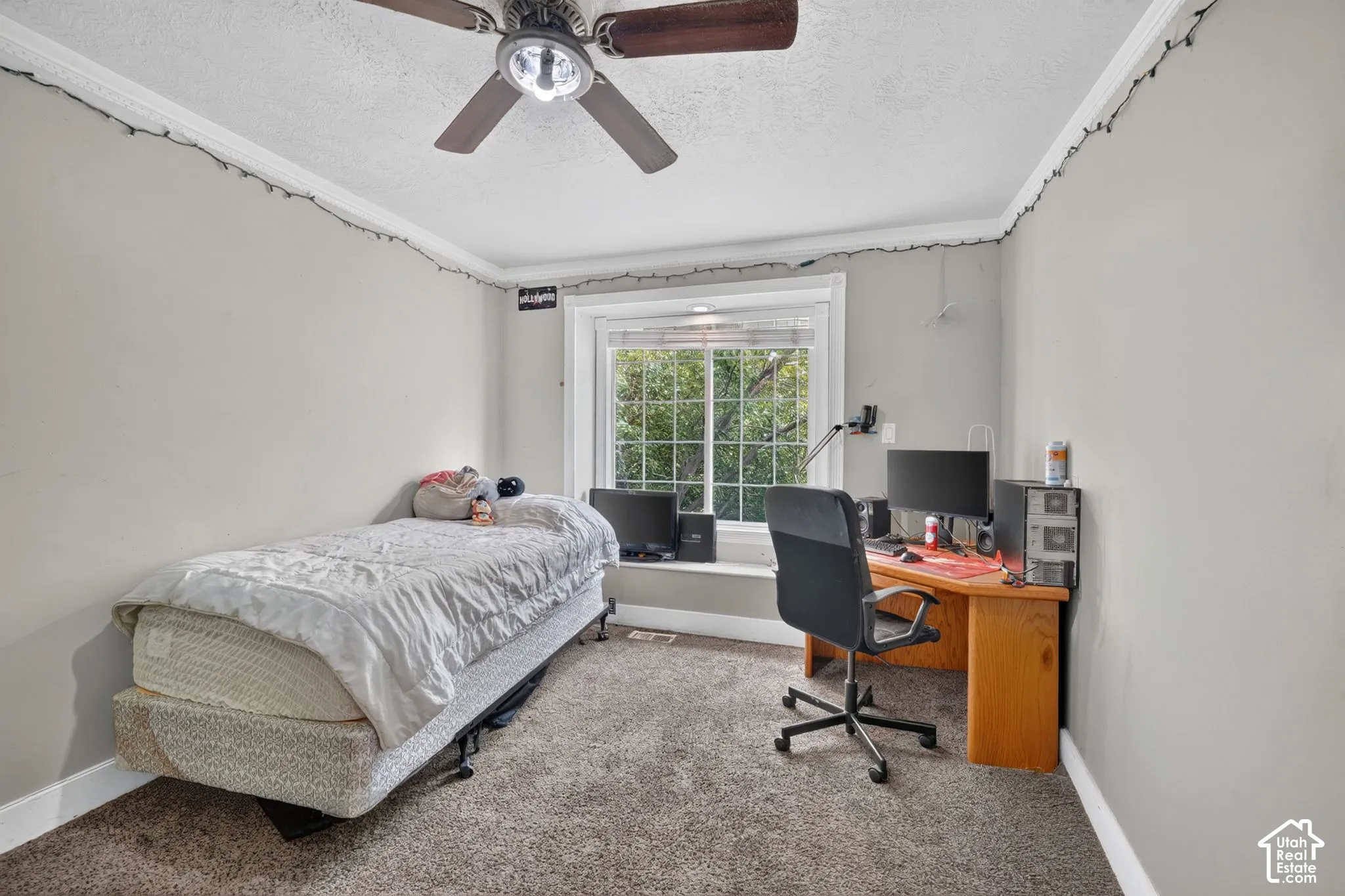 Carpeted room featuring a ceiling fan with integrated lighting, crown molding, and a window with exterior views