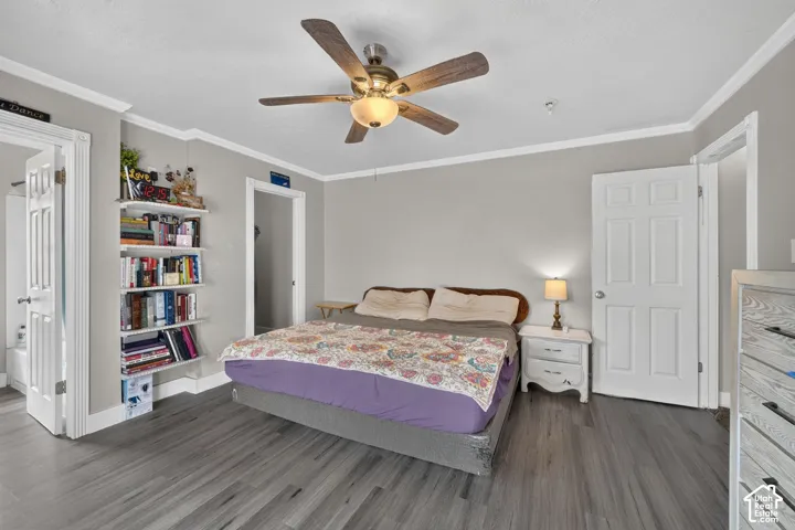 Wood-finish flooring, ceiling fan with integrated lighting, built-in shelving, crown molding, and a paneled interior door