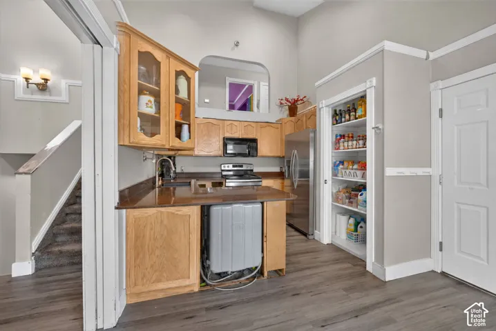 Kitchen area featuring wood-finish flooring, wood cabinetry with glass-front uppers, stainless steel appliances, and a built-in pantry with shelving