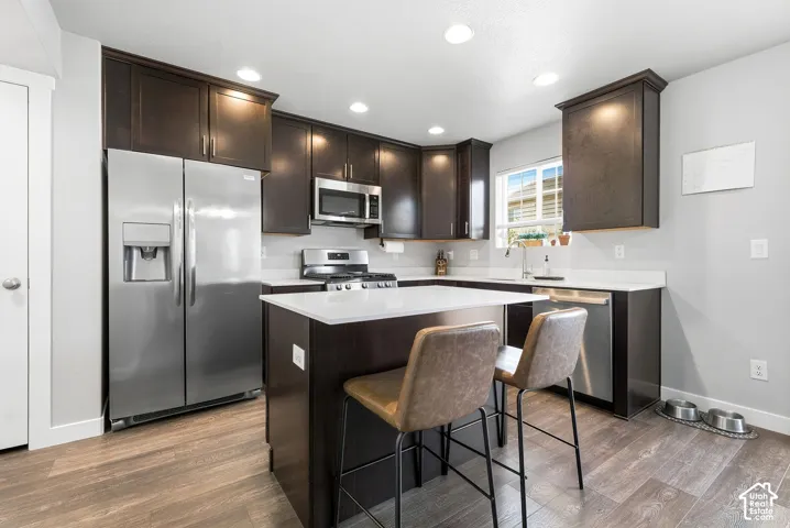 Dark wood-finish cabinetry, stainless steel appliances, light-toned countertops, recessed lighting, and wood-finish flooring