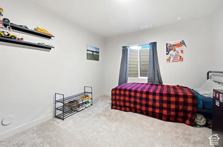 Plush carpeting, clean white walls, and a window with a window well