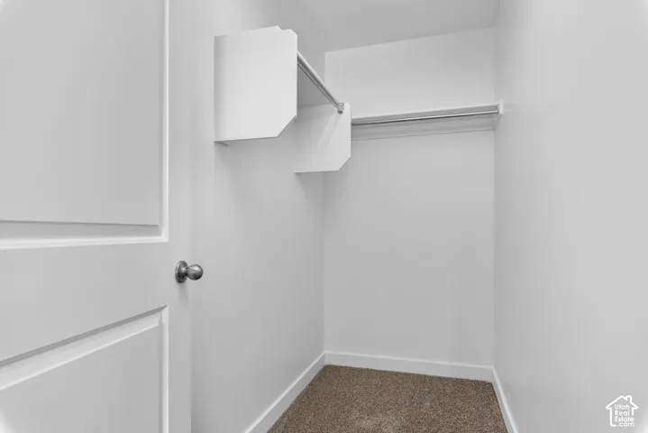 Recessed closet featuring a hanging rod, integrated shelving, and carpet flooring
