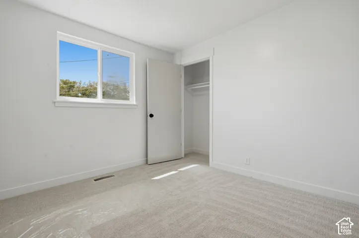 Neutral-toned carpeting with white trim, a single window, and a built-in closet with a white door