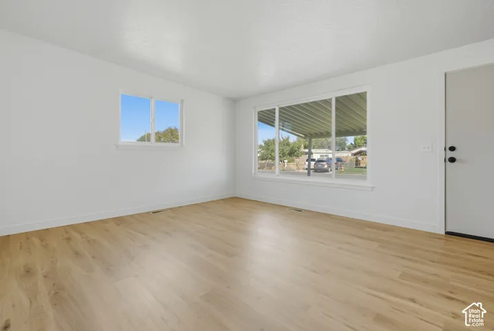 Light wood-finish flooring, white painted walls, and white trim