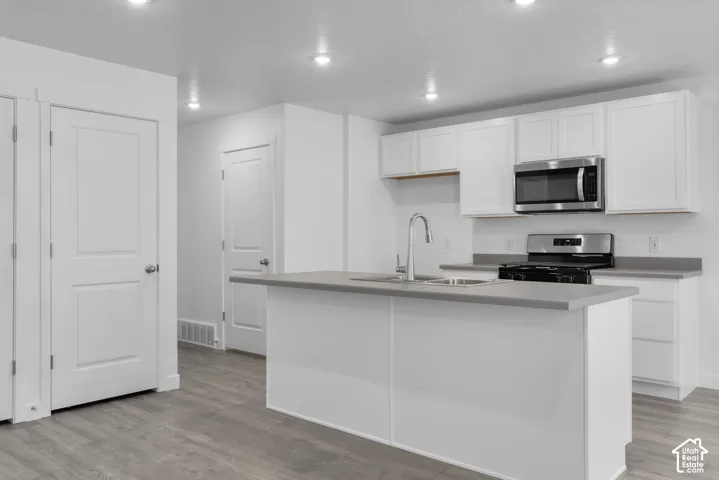 Kitchen featuring an island with an undermount sink, white cabinetry, stainless steel appliances, and wood-finish flooring