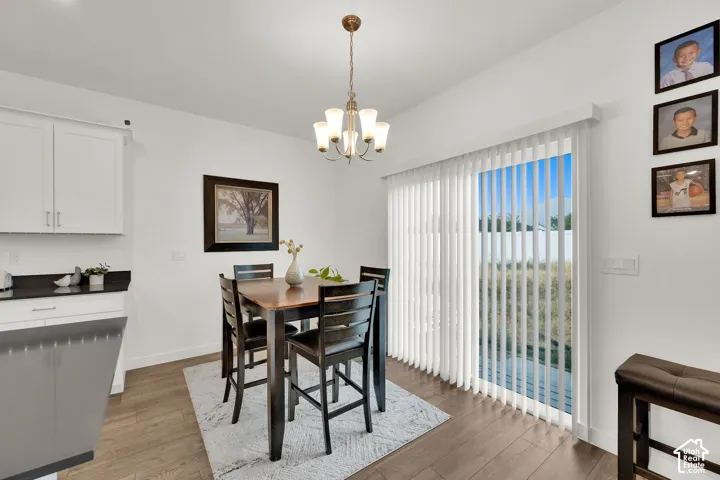 White cabinetry, dark countertops, and wood-finish flooring
