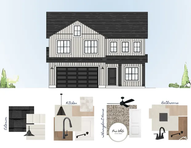 Architectural Rendering and Material Board. Illustrating the exterior facade and interior finish selections for the property