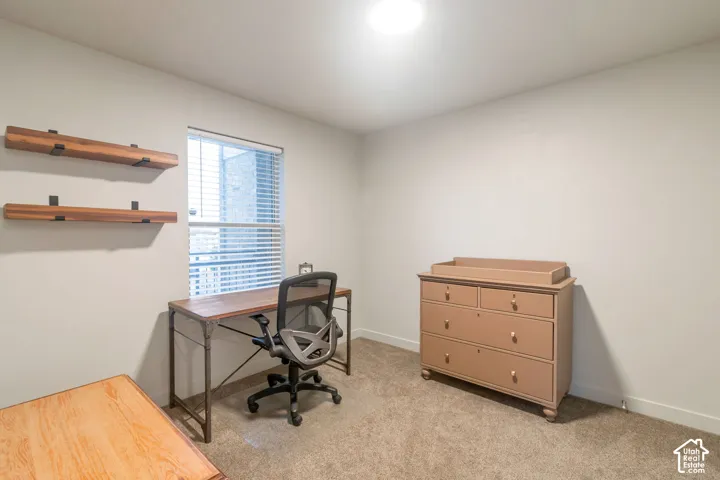 Neutral wall paint, carpet flooring, window with blinds, and built-in wood-finish shelving