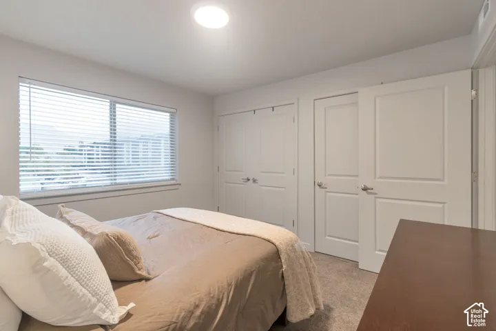 Recessed lighting, substantial window with blinds, soft gray carpet, white interior doors, and ample closet space