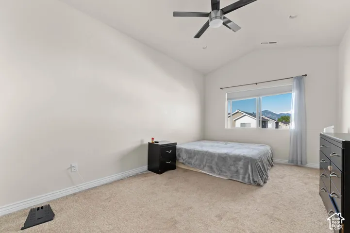 Vaulted ceiling with a ceiling fan
