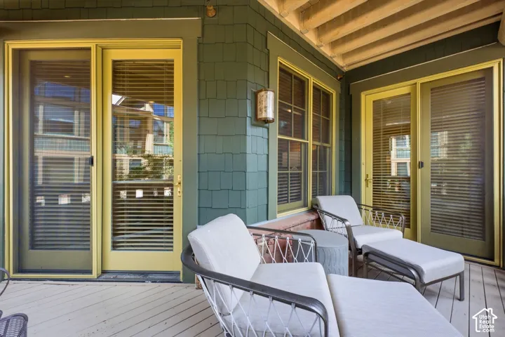 Outdoor deck with wood-finish flooring
