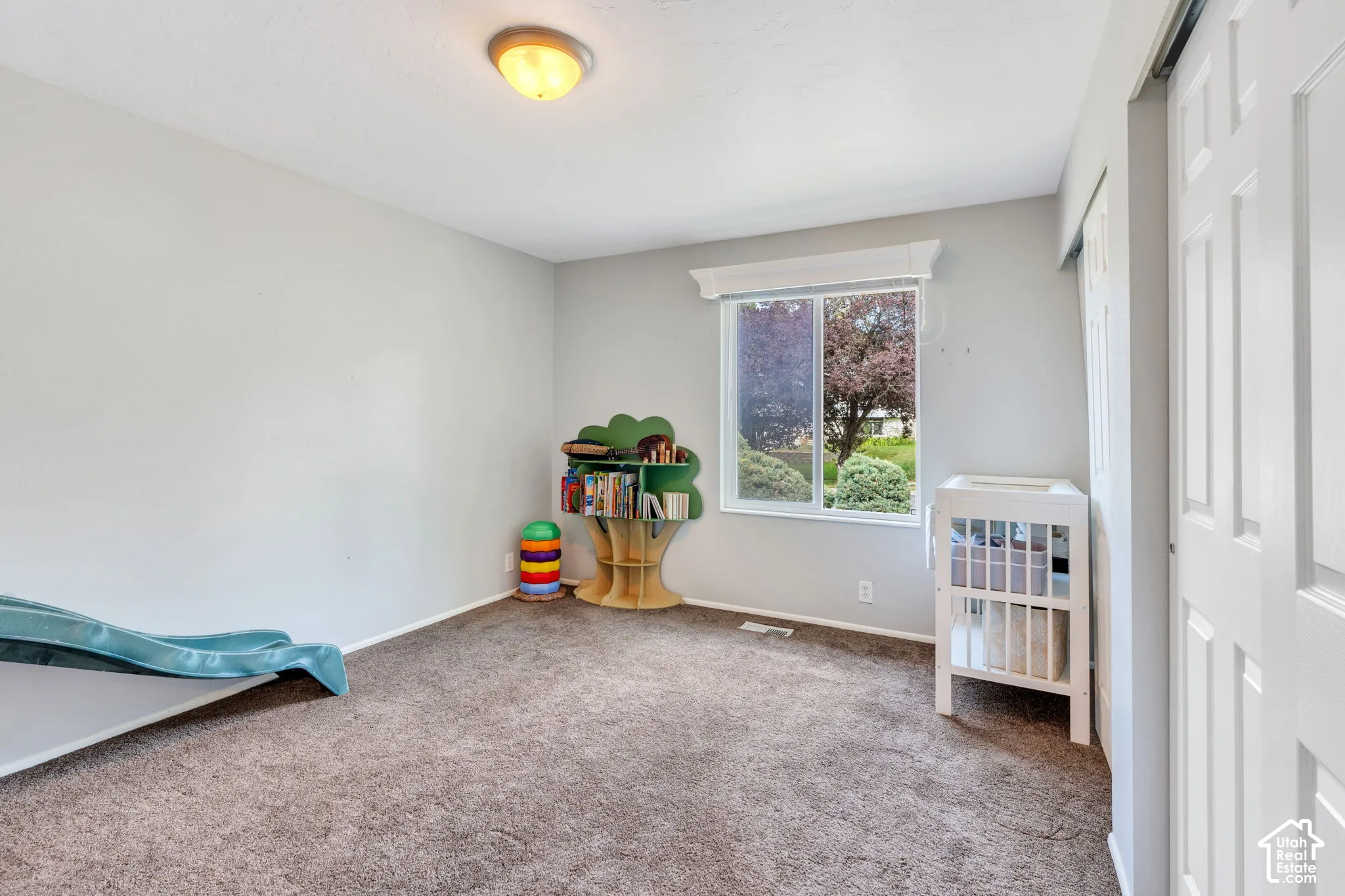 Neutral wall paint, ceiling-mounted light fixture, window with exterior landscaping, and carpeted flooring