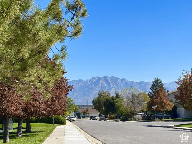 Mountain backdrop, clear blue sky, sidewalk, street, mature trees