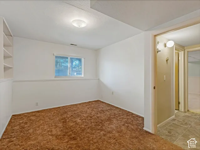 Room with built-in shelving, a single window, and plush carpeting