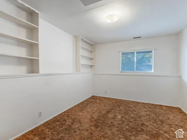Built-in shelving, natural light from a window, overhead lighting, and wall-to-wall carpeting