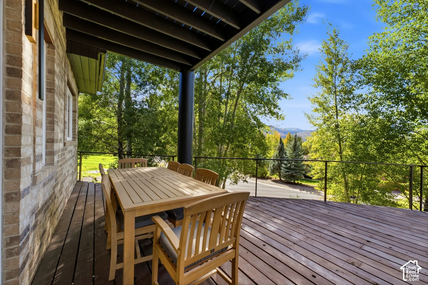 Spacious outdoor deck with wood flooring and dark metal railing