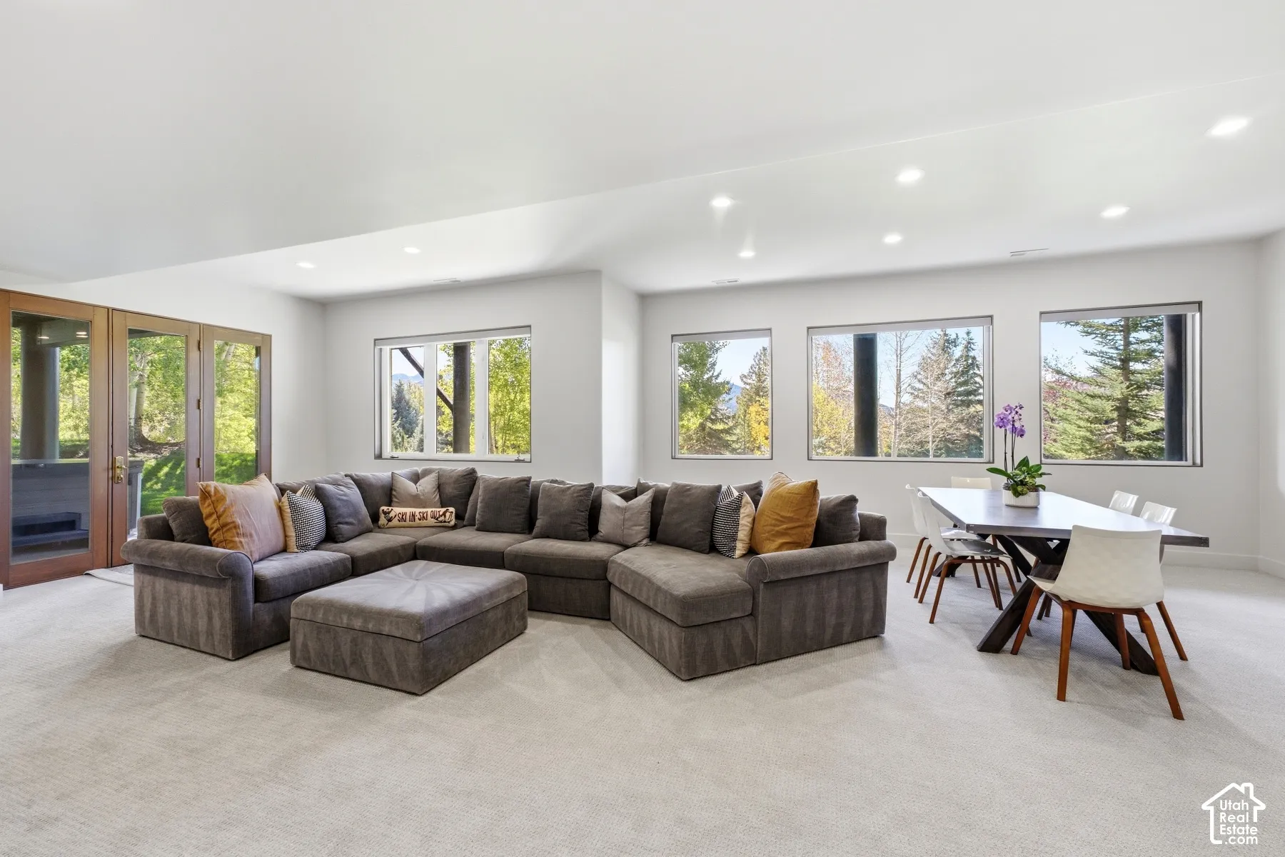 Recessed lighting, wood-frame glass doors, multiple large windows, light-colored carpeting, and white painted walls