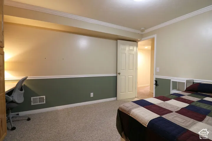 Wall-to-wall carpeting with crown molding and two-tone wall paint
