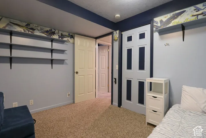 Wall-to-wall carpeting with built-in shelving, two-panel interior doors, and a bi-fold closet door