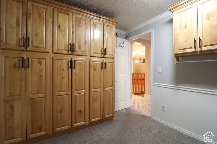 Extensive built-in cabinetry, additional overhead cabinetry, and wainscoting