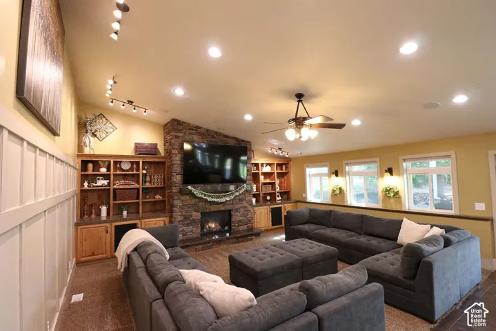 Vaulted ceiling with recessed lighting and track lighting