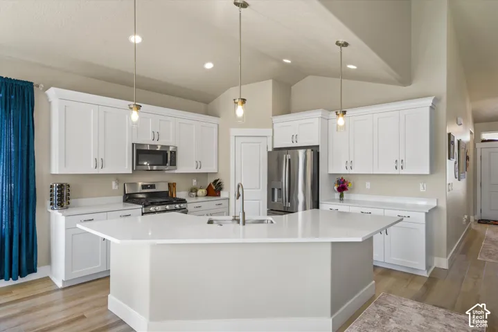 Kitchen featuring white shaker cabinetry, stainless steel appliances, a center island with sink, quartz countertops, and wood-finish flooring