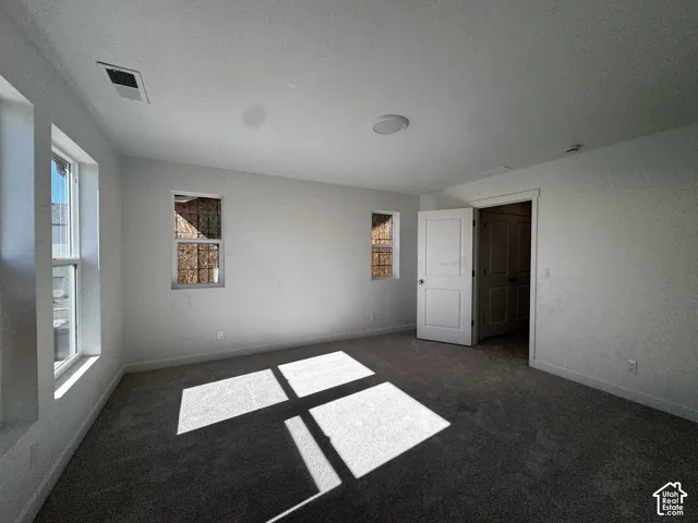 Wall-to-wall carpeting, multiple windows, and a flush-mounted ceiling light fixture