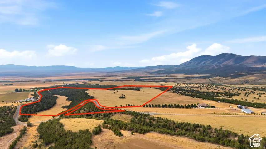 Expansive land parcel featuring open fields, natural tree coverage, and distant mountain scenery