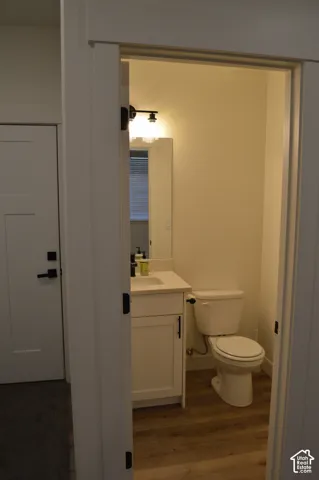 White vanity with integrated sink, wood-finish flooring, and wall-mounted light fixture