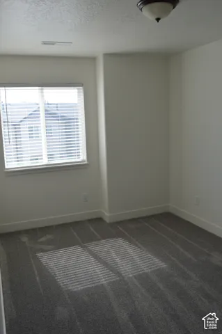 Carpeted room with a ceiling-mounted light fixture, window with blinds, and white walls