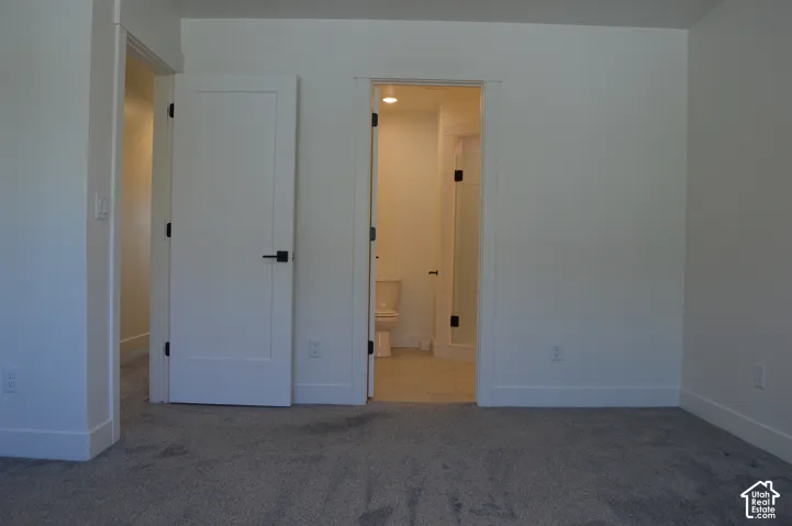 Plush carpet flooring, white interior doors, and modern matte black hardware