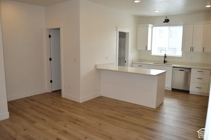 Wood-finish flooring, white cabinetry with dark hardware, stainless steel dishwasher, light-toned countertops, and recessed lighting