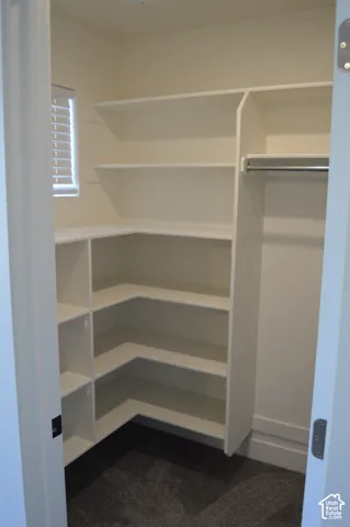 Built-in shelving with hanging rod, offering extensive storage capacity