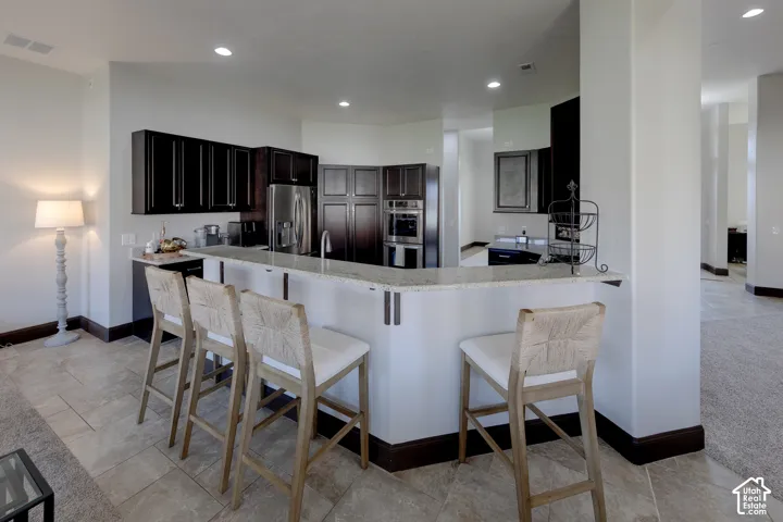 Kitchen featuring dark wood cabinetry, stainless steel appliances, a light-toned countertop, and recessed lighting