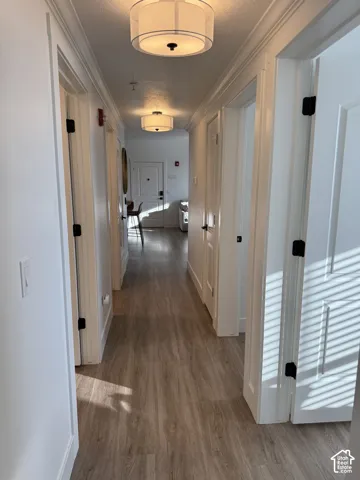 Hallway featuring wood-finish flooring, crown molding, and flush-mount lighting fixtures