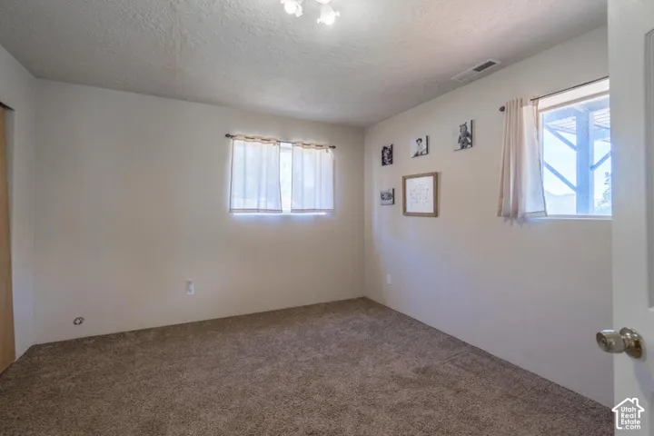 Carpeted flooring with light-toned wall finishes and two windows
