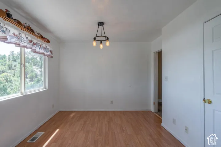Wood-finish flooring with a modern ceiling light fixture