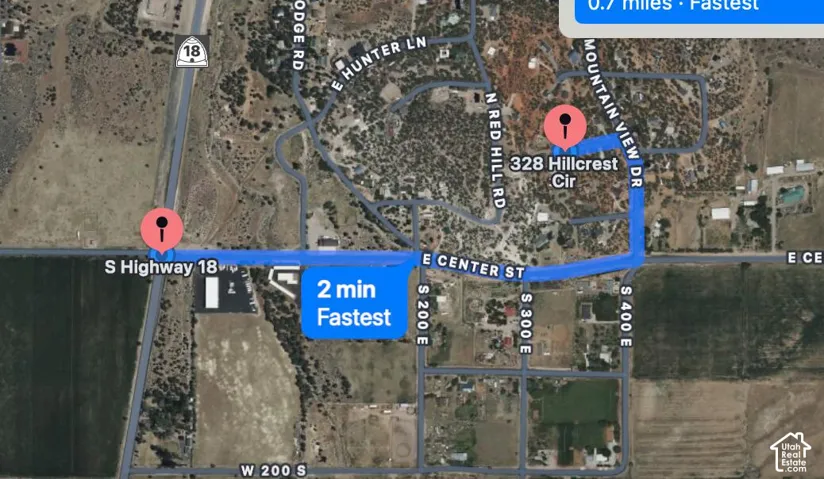 Map View. Displaying the route and estimated travel time between two points on the property