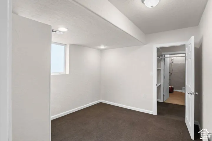 Recessed lighting, carpet flooring, a single window, and a white interior door with shelving