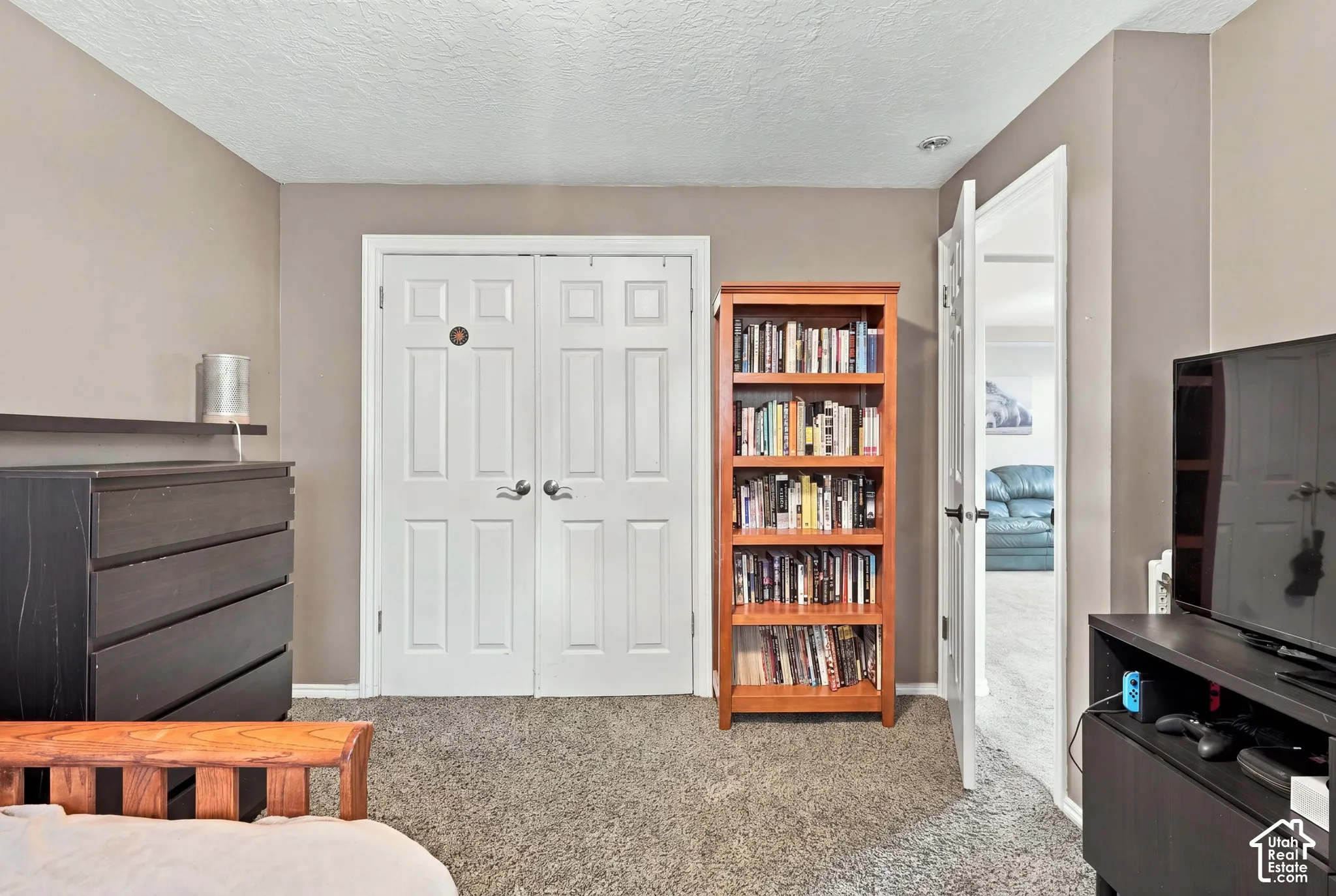Textured carpet flooring, neutral painted walls, and white paneled double doors