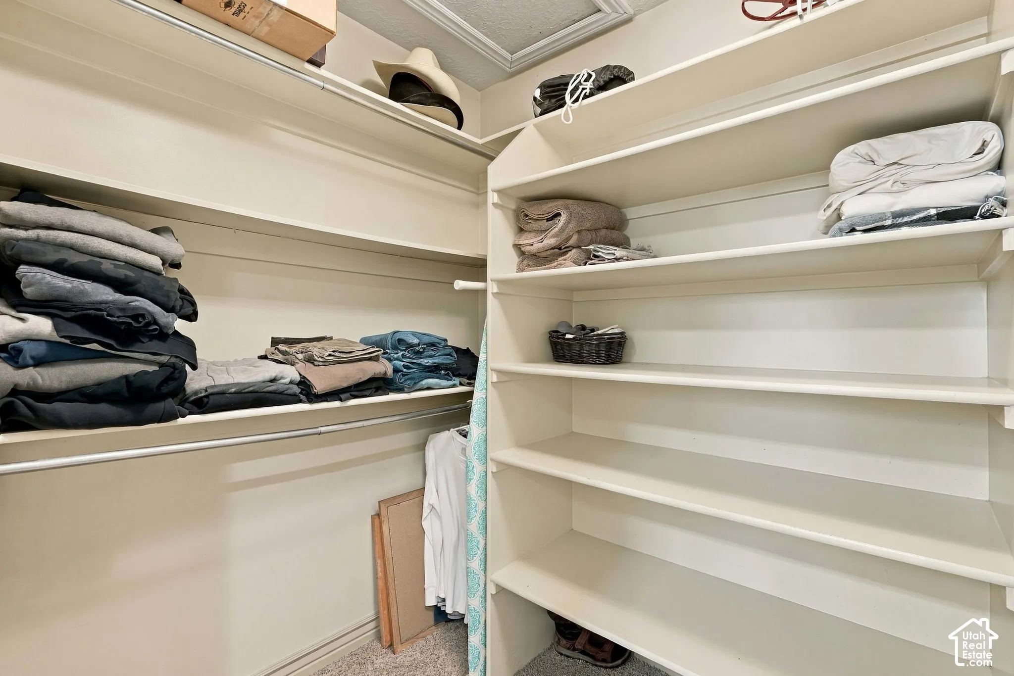 Built-in shelving with multiple levels, hanging rods, and recessed lighting