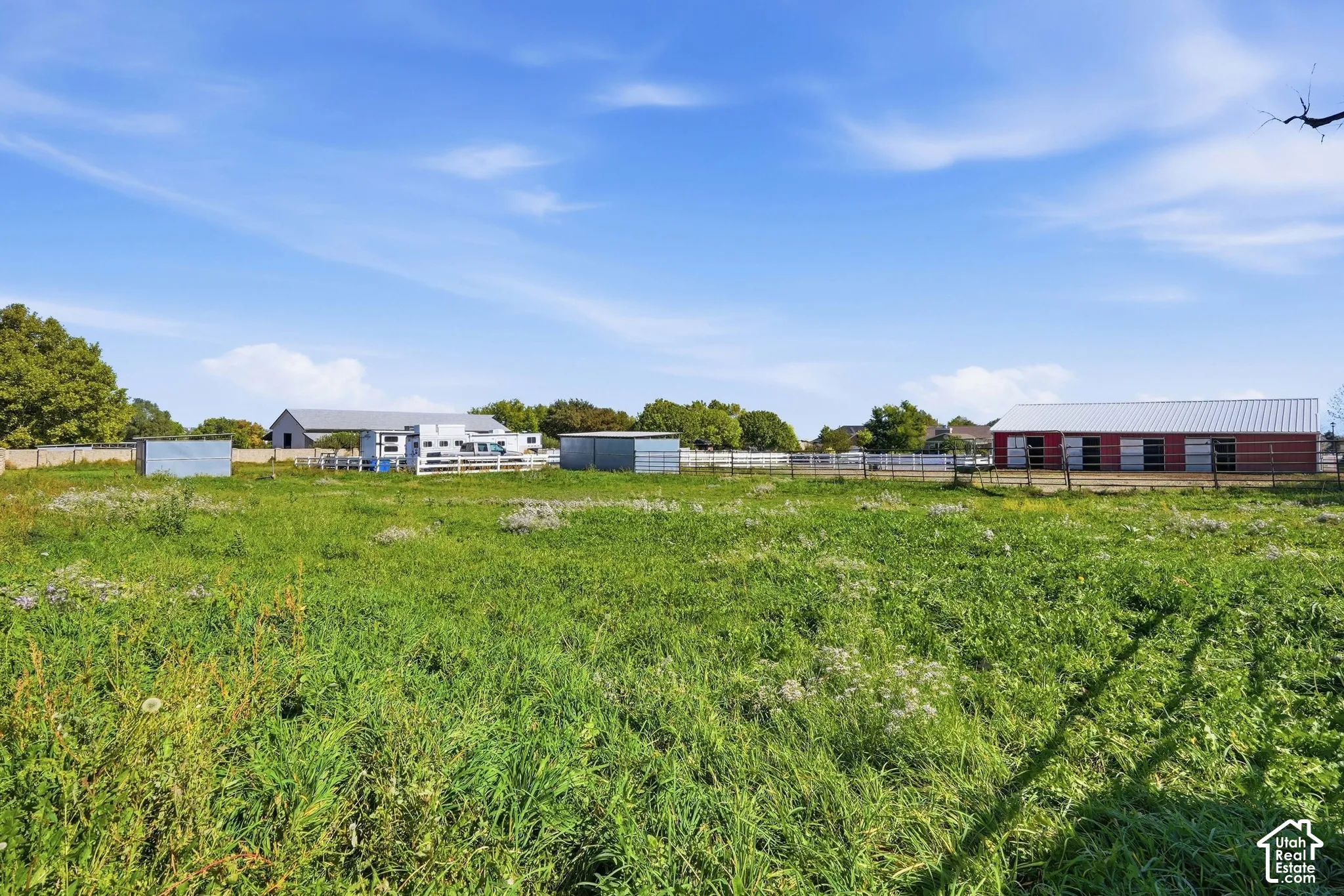 Expansive green pasture with a red barn featuring multiple stalls and a metal roof