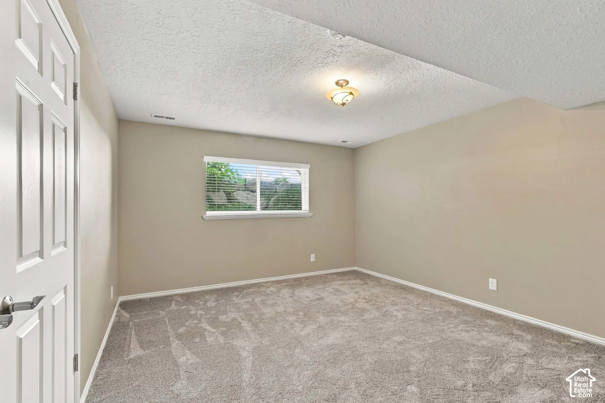 Neutral tone wall finishes, textured ceiling, window with blinds, flush mount light fixture, and carpet flooring