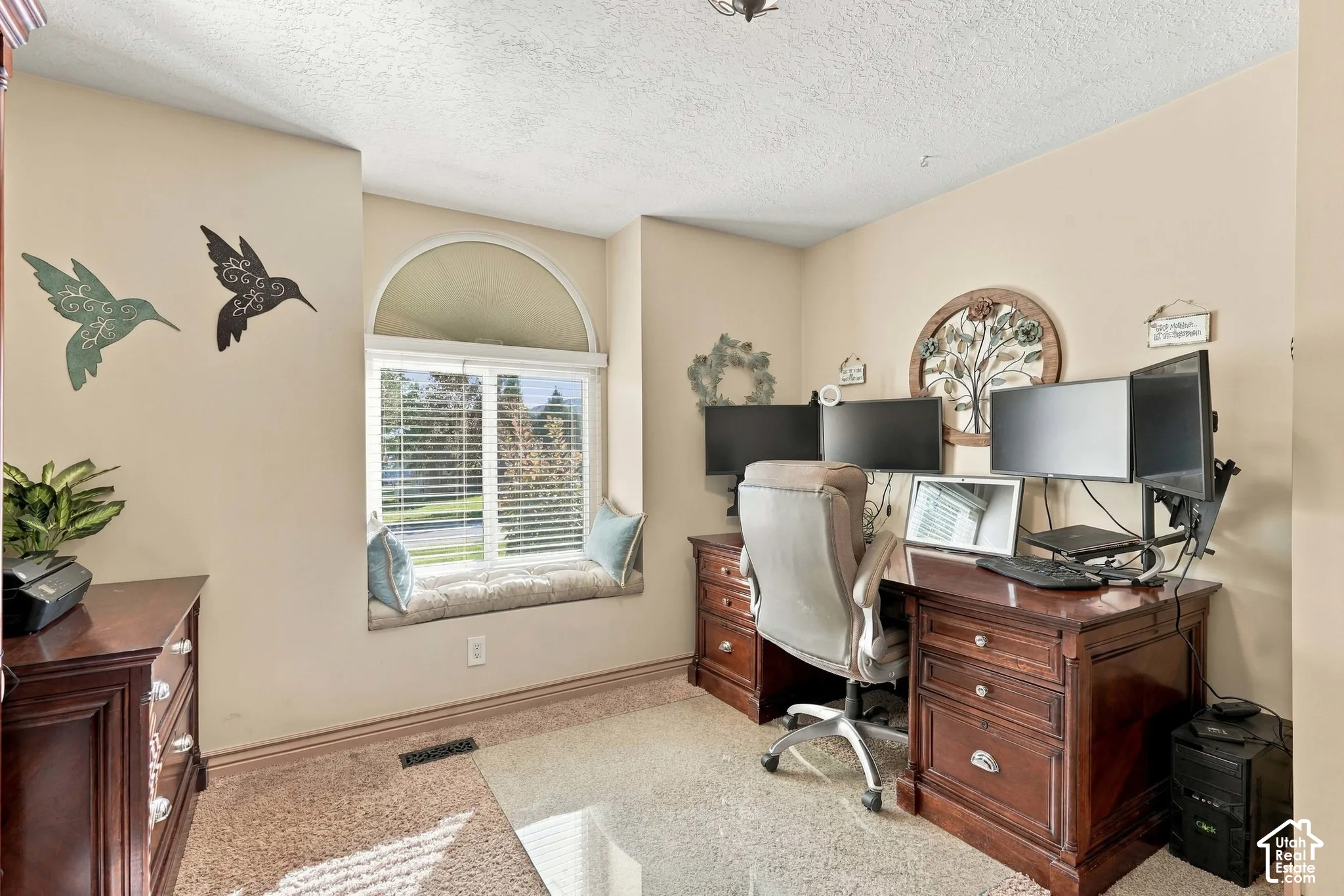 Window seat with an arched transom, light-toned wall paint, and textured carpeting