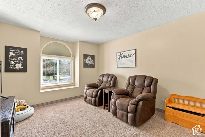 Carpeted flooring with a large window and an arched transom window